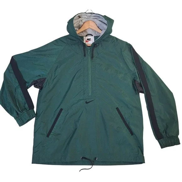 Vintage Nike Anorak Windbreaker Men's Medium Forest Green Black Stripe Half Zip