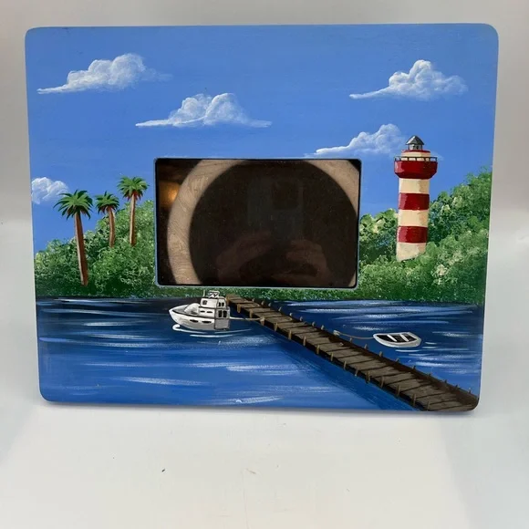 Polly’s Perch Hand Painted Frame Lighthouse Boat Dock Wooden For 4x6 Picture