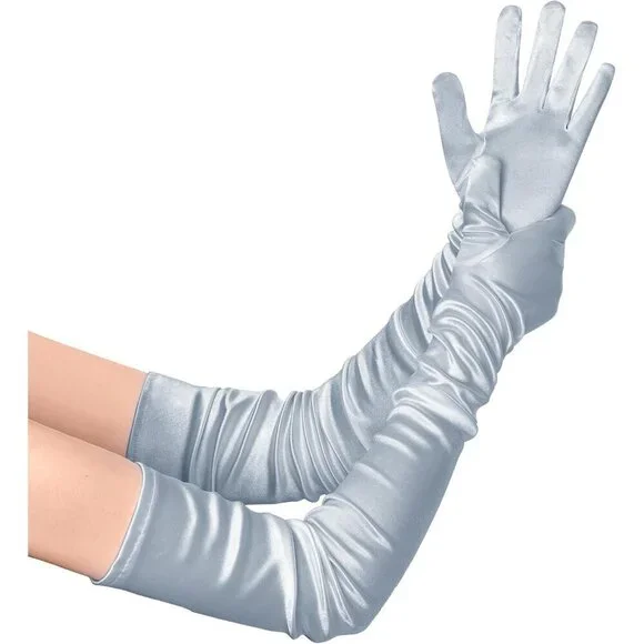 Women's Long Satin Gloves Silver Stretchy Upper Arm Length Costume Design