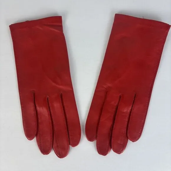 VTG Aris Women's Gloves Red Leather 100% Silk Lined Size 7 1/2 Wrist Length
