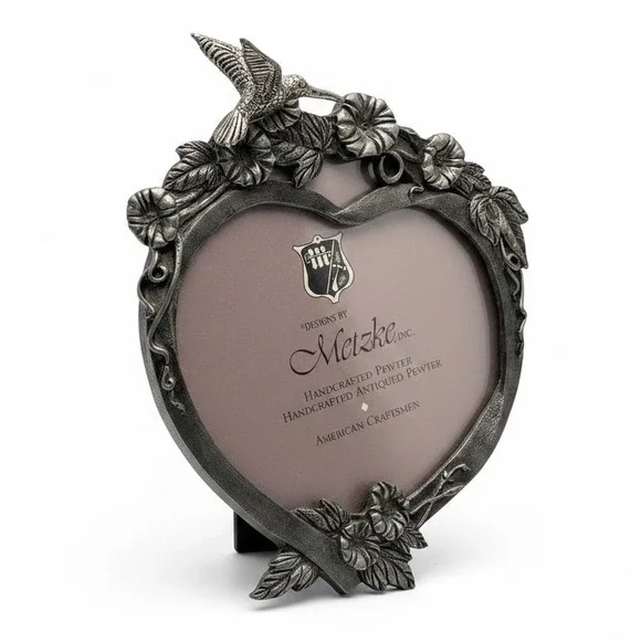 Vintage Metzke Pewter Heart Picture Frame Hummgingbird Floral Morning Glory