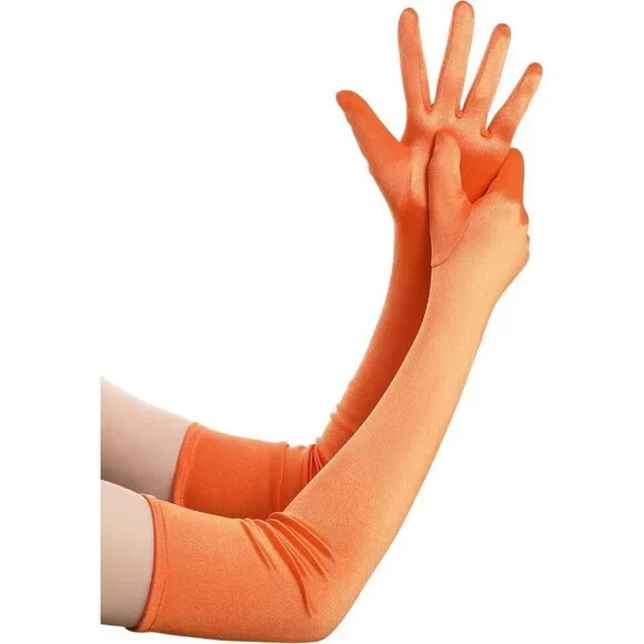 Women's Orange Vintage Satin Long Gloves Party Costume Stretchy Elbow Length
