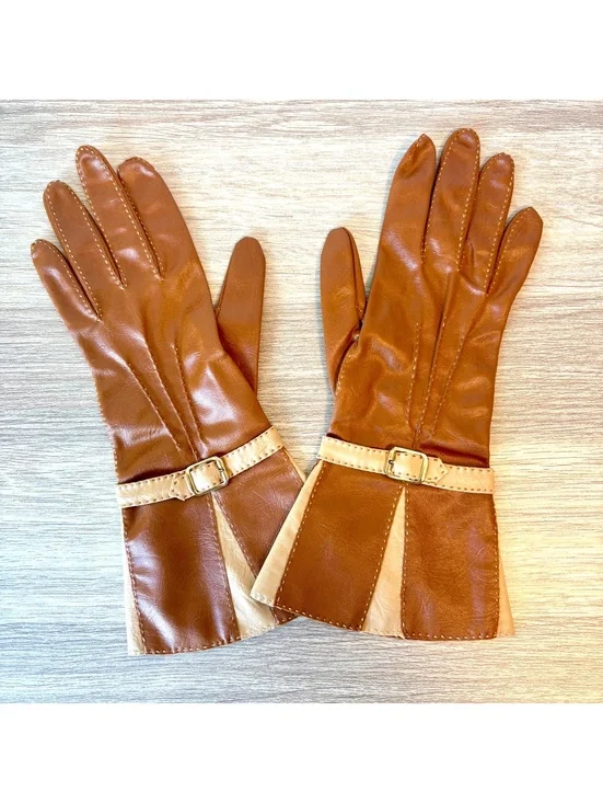 Vintage Hansen Vanalon Brown Cream Wrist Gloves Buckle Trim Size 7.5 Mid Century