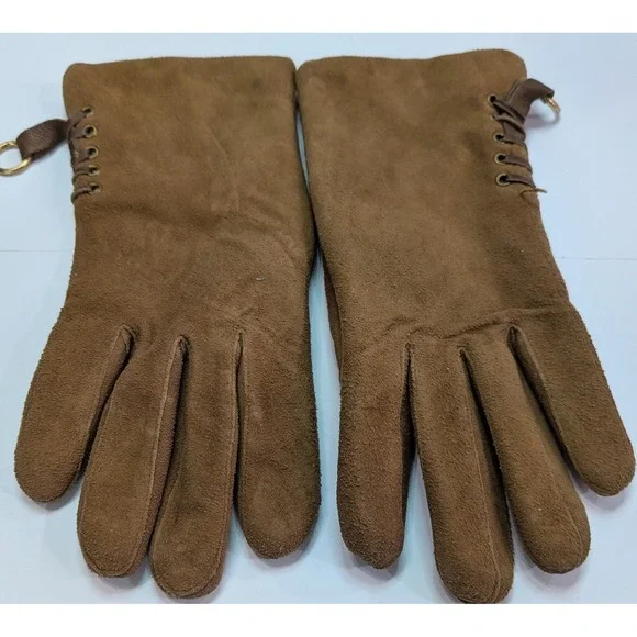 Saks Fifth Avenue Gloves Womens 6.5 Brown Excellent Vintage Suede Lace-Up Detail