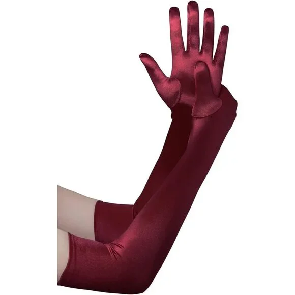 Women's Dark Red Vintage Satin Long Gloves Party Costume Stretchy Elbow Length