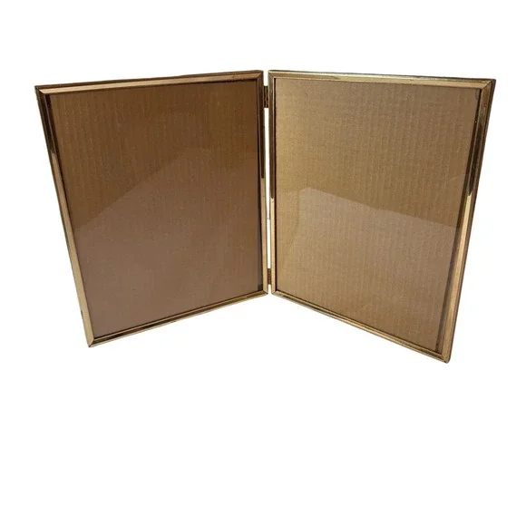Vintage Gold Metal Double Picture Frame 8x10 Hinged Bifold Etched Wheat Pattern