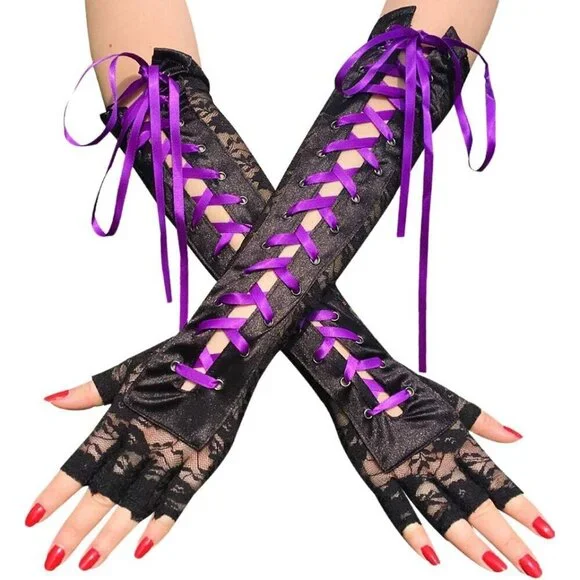 Women's Lace Satin Elbow Length Gloves Gothic Punk Fingerless Evening Party