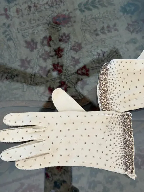 VTG Evening Gloves Sz 6.5 White Cotton Metallic Seed Bead Polka Dot Double Woven