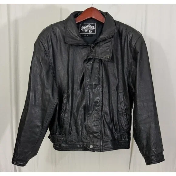 Vintage Charley's Leather Bomber Jacket Mens Sz 42 Black Full Zip Moto Movie