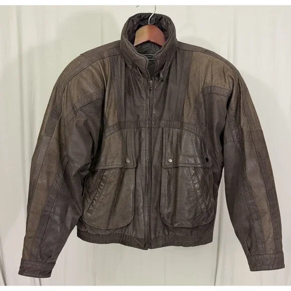 VTG Saxony Bomber Leather Jacket Mens 42 Two Tone Brown Biker Moto 90s Rare