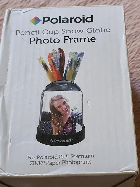 Polaroid Pencil Cup Snow Globe Pen Photo Frame, Silver Glitter Snow