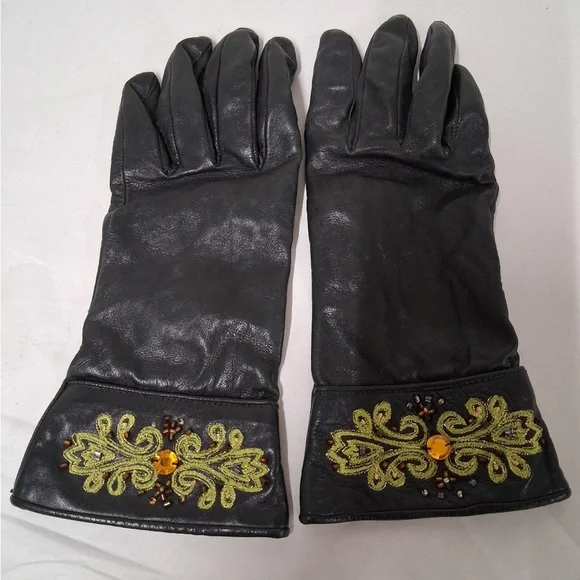 Vintage Leather Gloves w/Embroidered Embellished Cuffs Sz M