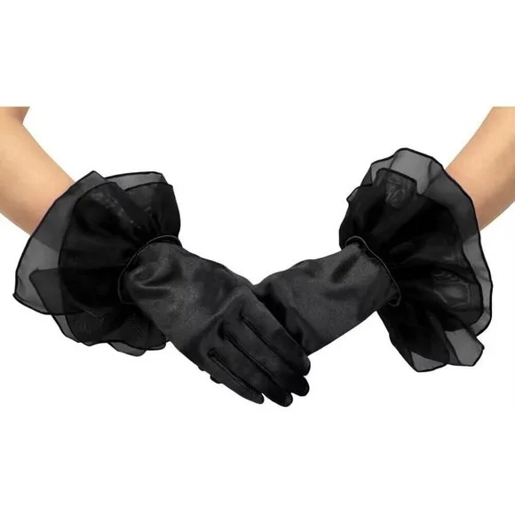 Women's Ruffled Evening Short Satin Formal Gloves Black Costume Accessories