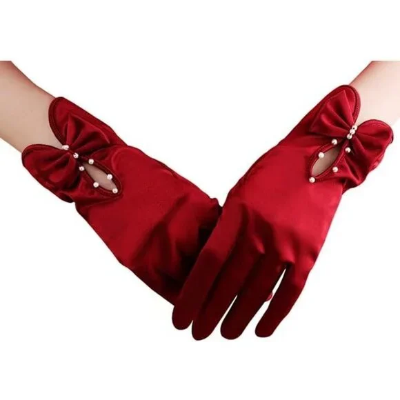 Women's Burgundy Short Satin Bow Gloves Flapper Halloween Party Tea Accessories