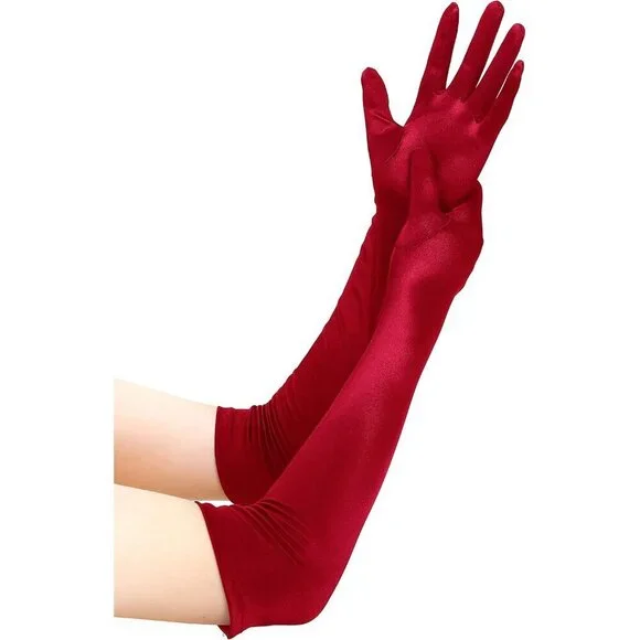 Women's Smooth Dark Red Long Satin Gloves Elbow Length Party Costume Accessory