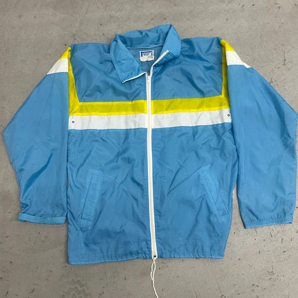 Vintage 80s Winning Ways Windbreaker Jacket XL Blue Yellow Stripe Retro Y2K
