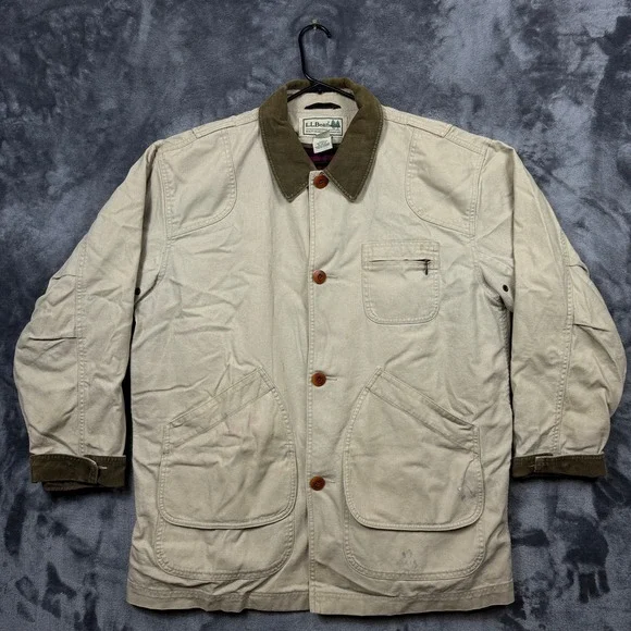 LL Bean Field Coat Mens L Tan Good Flannel Lined Canvas Corduroy Barn Jacket