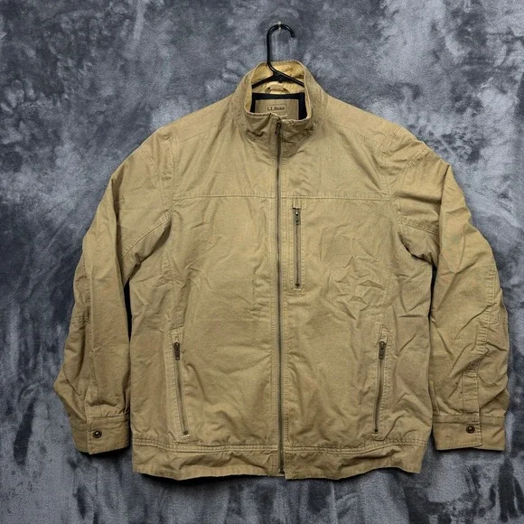 LL Bean Field Jacket Mens L Tall Tan Good Cotton Fleece Lined Zip Up 290554