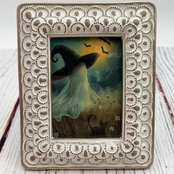 Vintage Style Ghost Witch Art Print Decoupage in Scalloped Ornate Frame 5x4