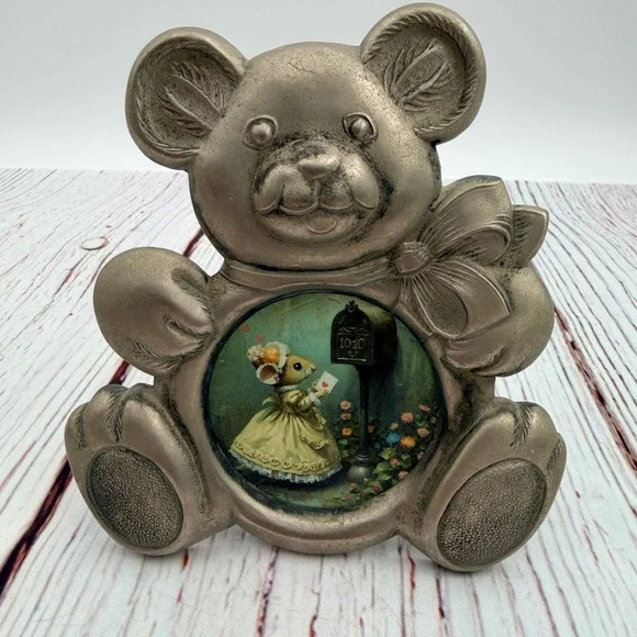 Vintage Teddy Bear Picture Frame Art Decoupage Mouse Pewter Tone USA Made