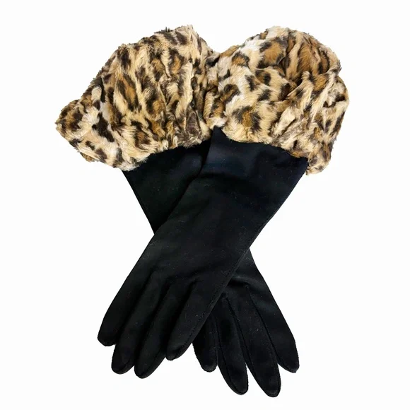 Vintage Early 90s Norma Kamali Faux Leopard Fur Cuff Gloves Retro Glam Rare