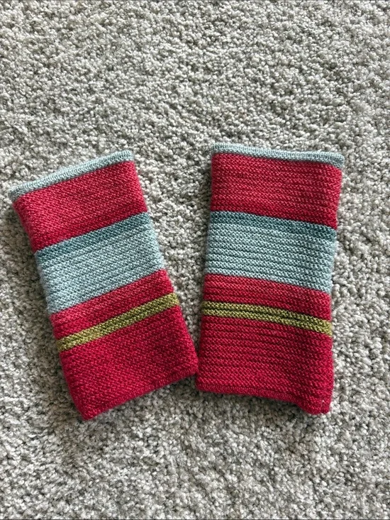 Red and Light Blue Striped Knit Wrist Warmers