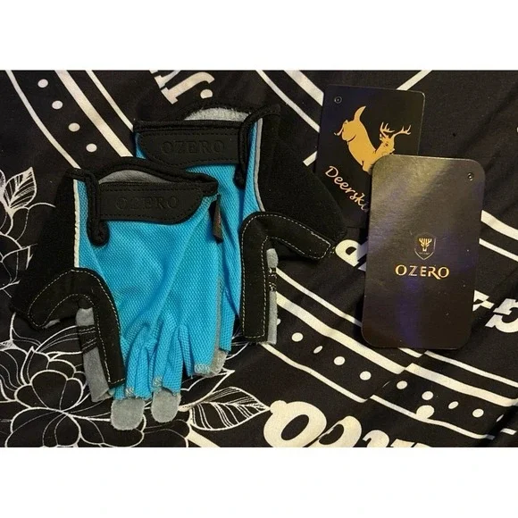 NEW Ozero Deerskin Suede‎ Blue & Black Fingerless Cycling Gloves, Small