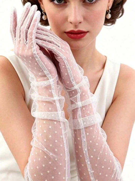 Elegant Sheer Polka Dot Opera Gloves - White