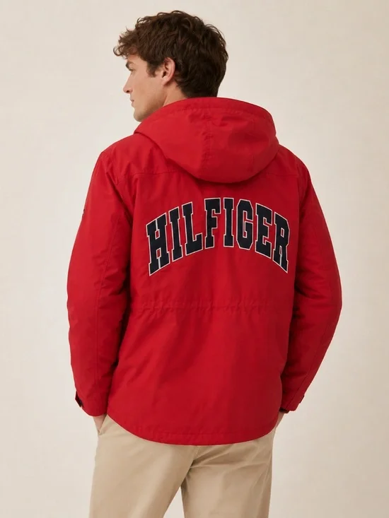 Tommy Hilfiger Logo Spellout Hooded Jacket in red - size Large