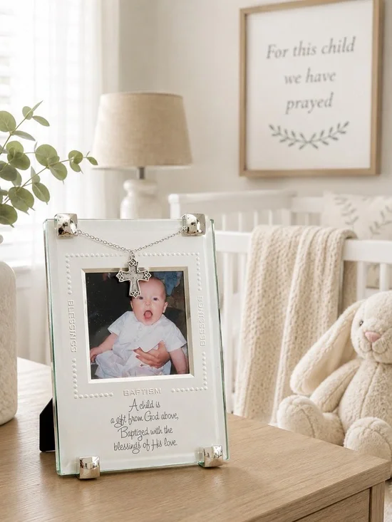 Baptism Small Glass Picture Frame Cross Christening Godparent Baby Gift