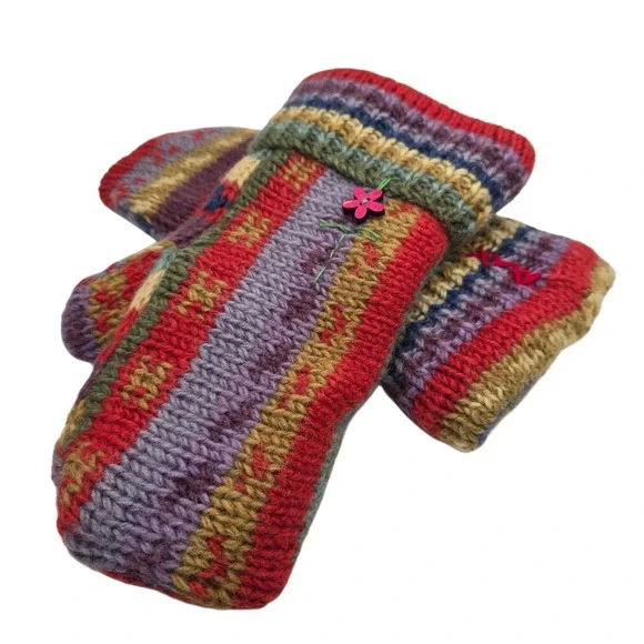 Hand Knit Wool Mittens‎ Fluffy Sherpa Lining Heavyweight Stripes Colorful Warm