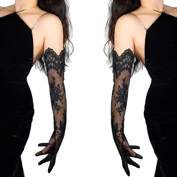 DooWay Women Black Long Lace Opera Gloves Floral Wedding Masquerade Dance