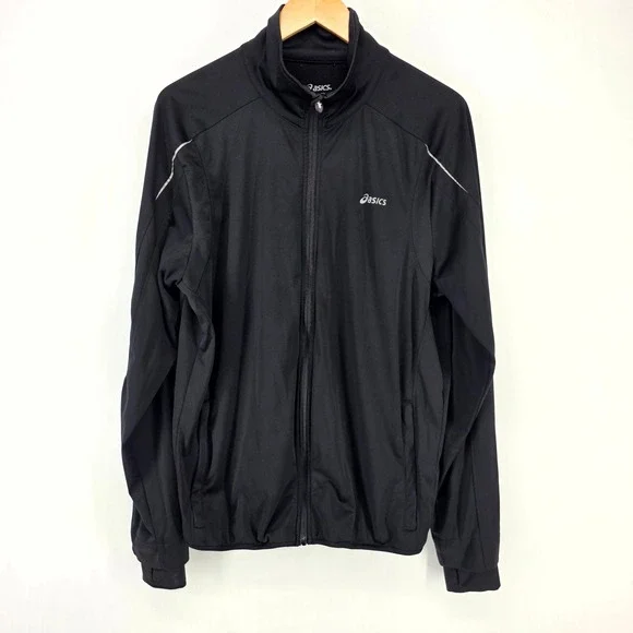 Asics Track Jacket Mens Large Black Full Zip Reflective Running Performance Coat