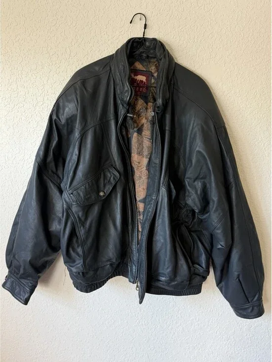 True Breed Men’s XL Black Genuine Leather Bomber Jacket Vintage Zip Coat