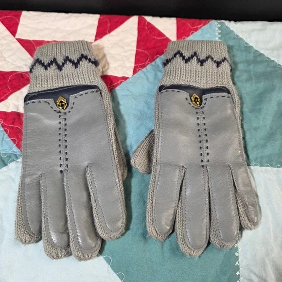 Vintage Leather Knit Gloves Women S/M Grey Navy‎ Blue Winter Mixed Media