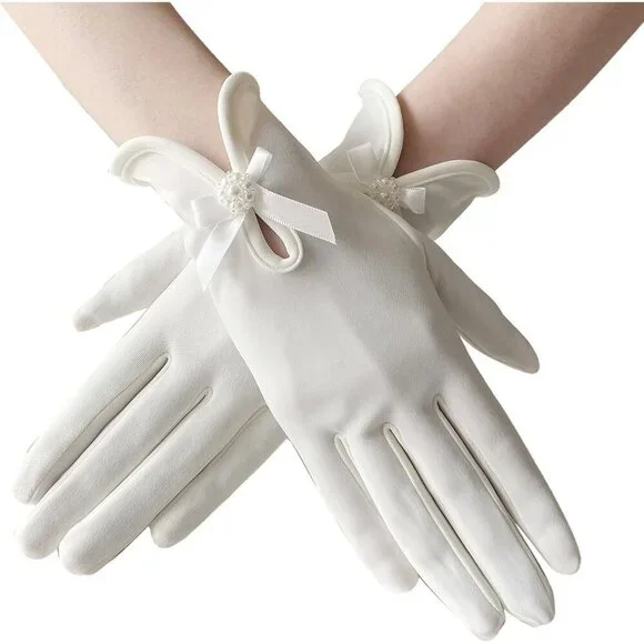 Women's Wrist Off-White Short Floral Lace Bow Gloves Elegance Wedding Party