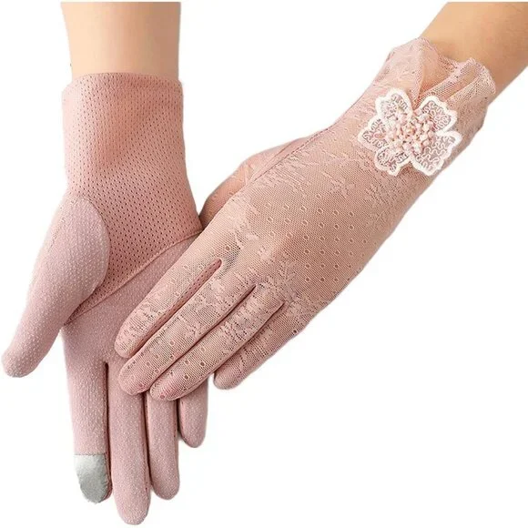 Women's Flower Pink Lace Gloves Summer Protection Wedding Parties Tea Prom