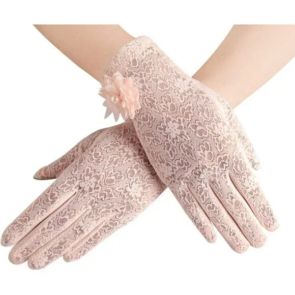 Women's Flower Pink Floral Embroider Lace Gloves Summer Sun Protection