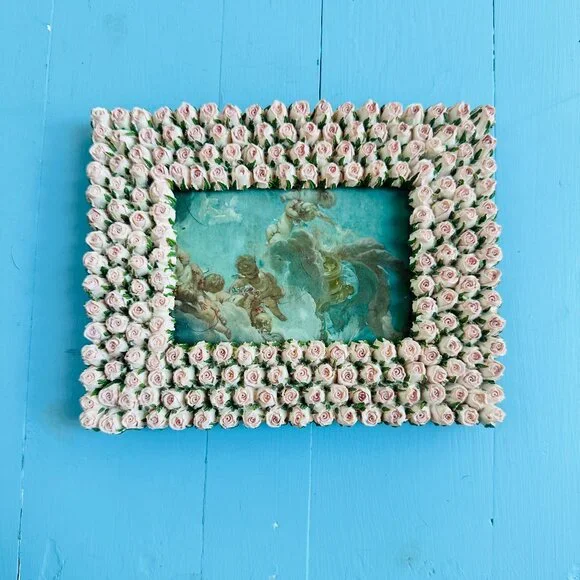 Vintage Pink Rosebud Porcelain Picture Frame Romantic Cottagecore Victorian