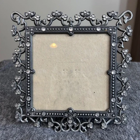 Vintage Malden Ornate Pewter Rhinestone Filigree Square Picture Frame 5x5