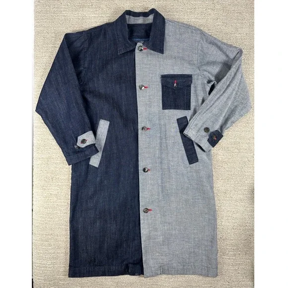 Two Tone Denim Long Coat Blue Grey Colorblock Button Up Duster Jacket