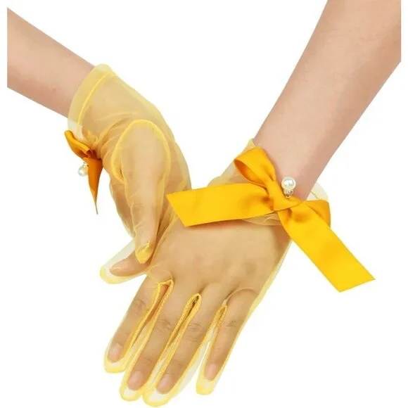 Women's Tulle Mesh Yellow Bow Pearl Short Gloves Hallowmas Wedding Accessory