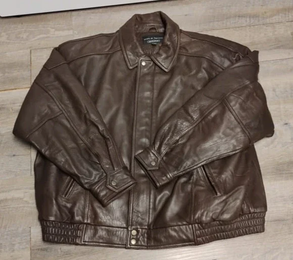 Croft & Barrow Bomber Jacket brown Leather Collared Zip Pockets Quilt Lined XXL