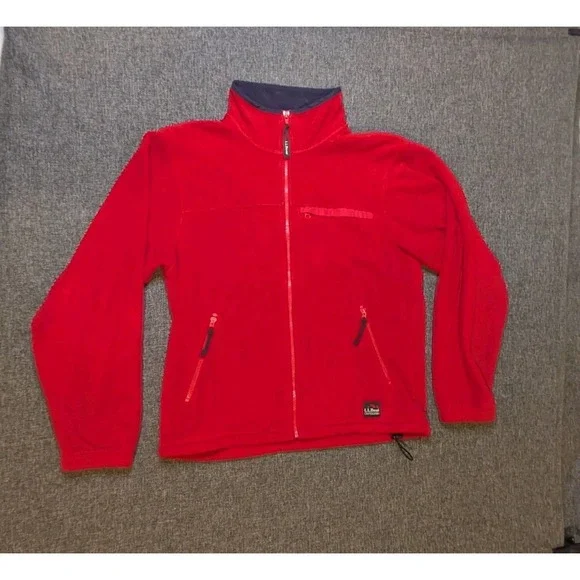 Vintage‎ LL Bean Men's Fleece Medium Jacket Outdoor Red Full-Zip Pockets Hiking