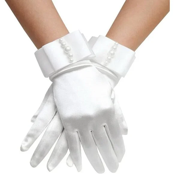Women's Embellished Satin White Pearl Bow Gloves Elegant Finger Accessory