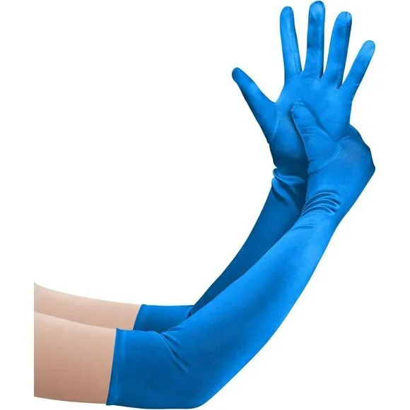 Women's Blue Long Satin Opera Fabric Gloves Party Tea Stretchy Elbow Length