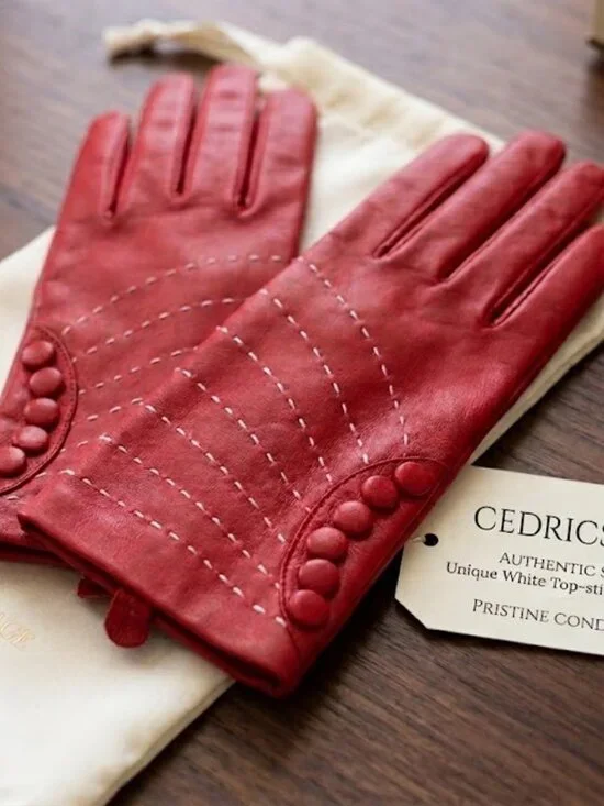 Vintage Cedrics NEW red Genuine leather Stitch button detail lined Gloves, M
