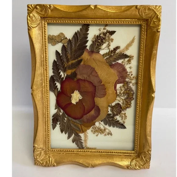 Romantic Cottagecore Pressed Flower Art Gold Fluted Frame Small Tabletop Decor