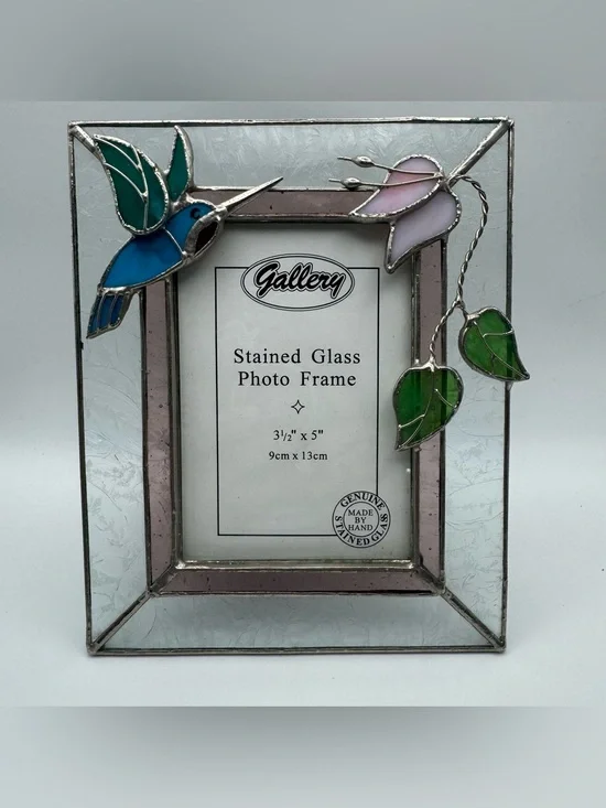 Handmade Stained Glass Hummingbird Photo Frame 3.5x5 Floral Art Glass Desk Frame