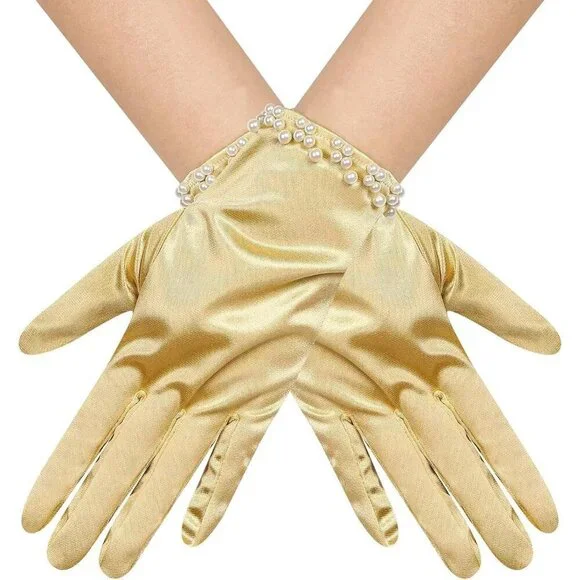 Women's Gold Satin Pearl Short Length Wrist Gloves Wedding Banquet Party Prom